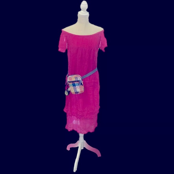VTG Handmade Crinkled cotton Layered MIDI Shift Dress  Drk Pink - Picture 2 of 14